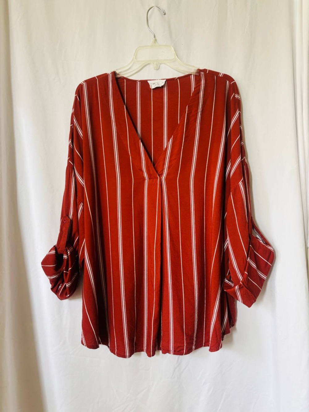 100% Viscose Brick Red Pinstripe Slouchy Career V-neck Blouse 3X